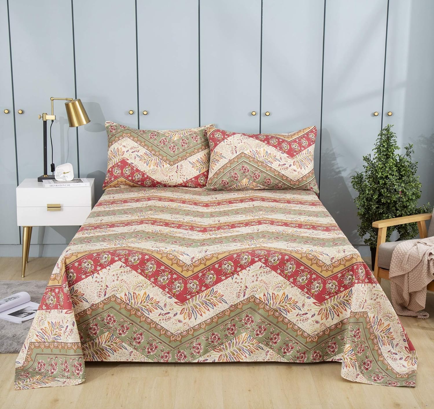 DaDalogy Bedding – Sábana encimera botánica floral solo con 2 fundas de almohada, patrón de filigrana de cachemira cheurón bohemio, colorido,