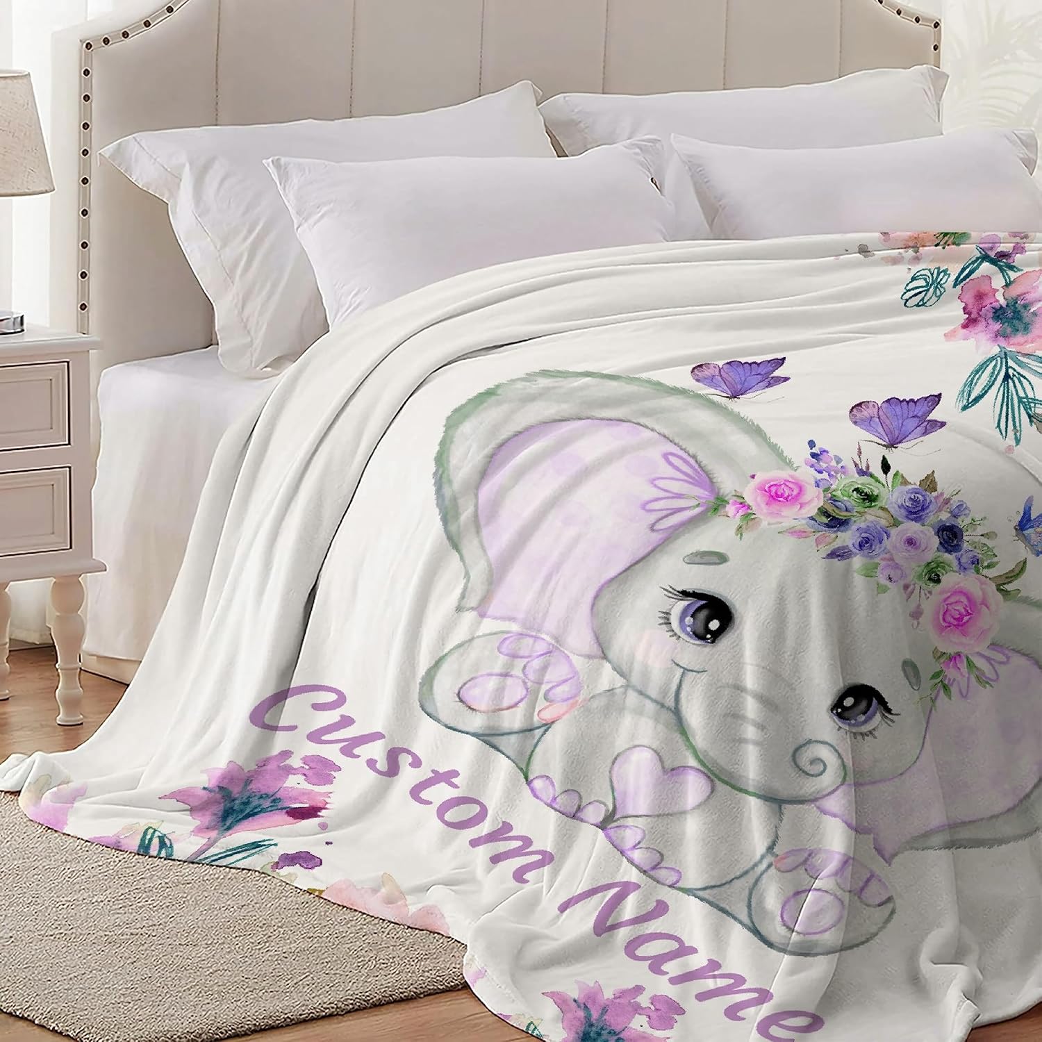 Manta de bebé personalizada con nombre, lindo elefante morado, manta de forro polar personalizada para niñas, niños, baby shower, regalo de