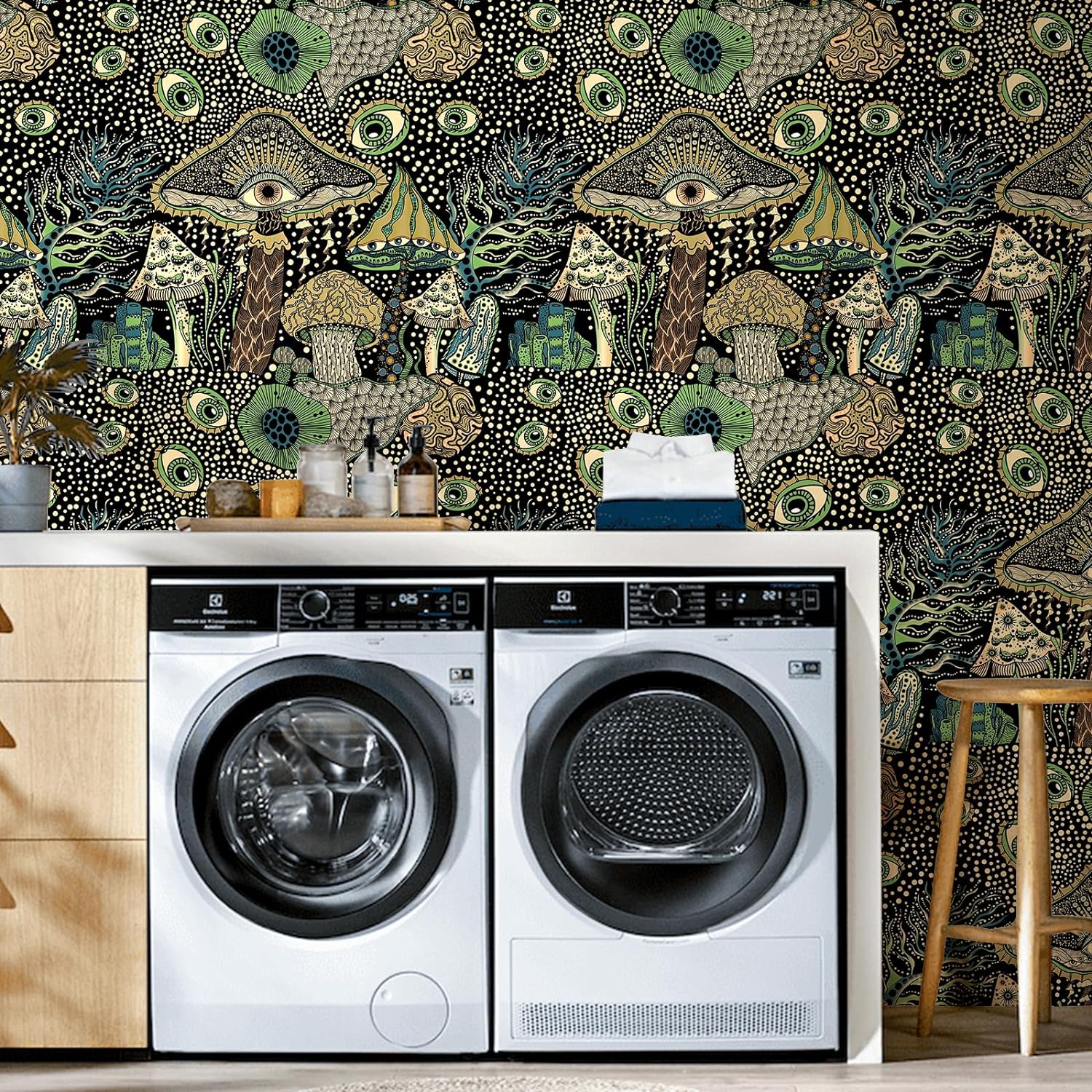 WENMER Papel tapiz autoadhesivo para despegar y pegar, papel tapiz floral de hongos bohemios, papel de contacto de hongos, vinilo autoadhesivo para