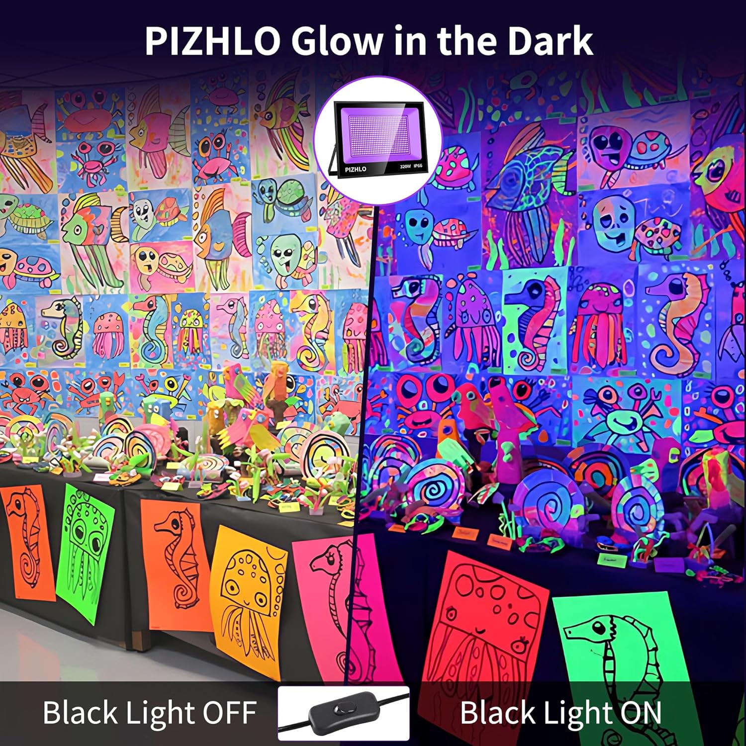 Paquete de 2 luces LED negras de 320 W, luz de inundación de luz negra con enchufe e interruptor, IP66 impermeable para exteriores, luz negra para