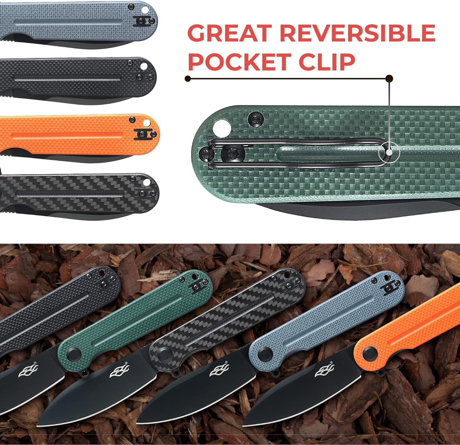 Firebird Ganzo FH922PT-GB – Cuchillo de bolsillo plegable con rodamiento de bolas, D2, hoja negra, G10, mango antideslizante con clip, equipo de