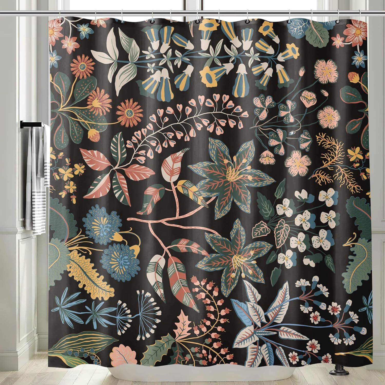 Cortina de ducha bohemia con flores silvestres, cortina de ducha impermeable de tela con 12 ganchos, 72 x 72 pulgadas