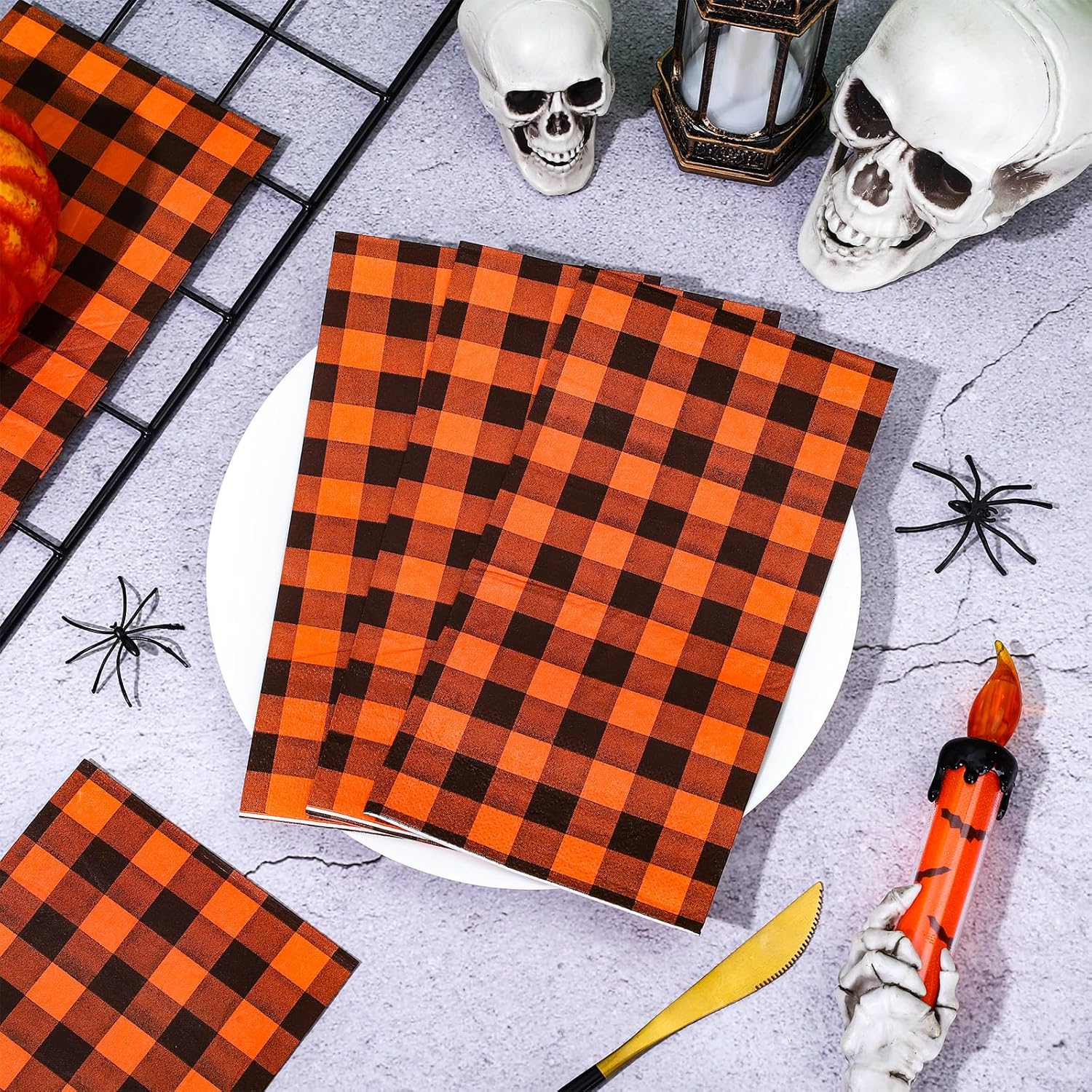 AnyDesign Servilletas desechables de 100 hojas de Halloween para invitados de Halloween, servilletas de papel a cuadros naranja y negro, servilletas
