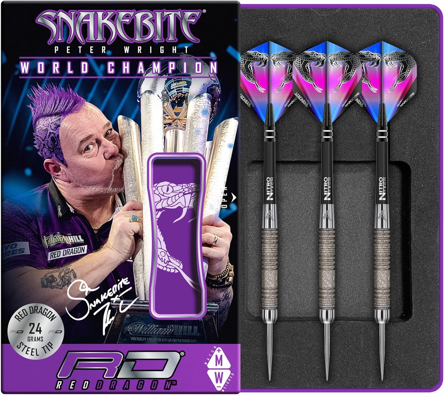 Red Dragon Peter Wright Snakebite Euro 11 elemento Juego de dardos de tungsteno de 0.71oz o 0.85oz, con vuelos y tallos