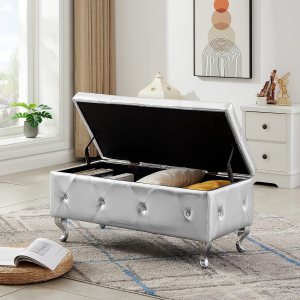 Polibi Banco de almacenamiento copetudo con diamantes de imitación, asiento de banco de entrada abatible con bisagra de seguridad, baúl de Polibi Banco de almacenamiento copetudo con diamantes de imitación, asiento de banco de entrada abatible con bisagra de seguridad, baúl de