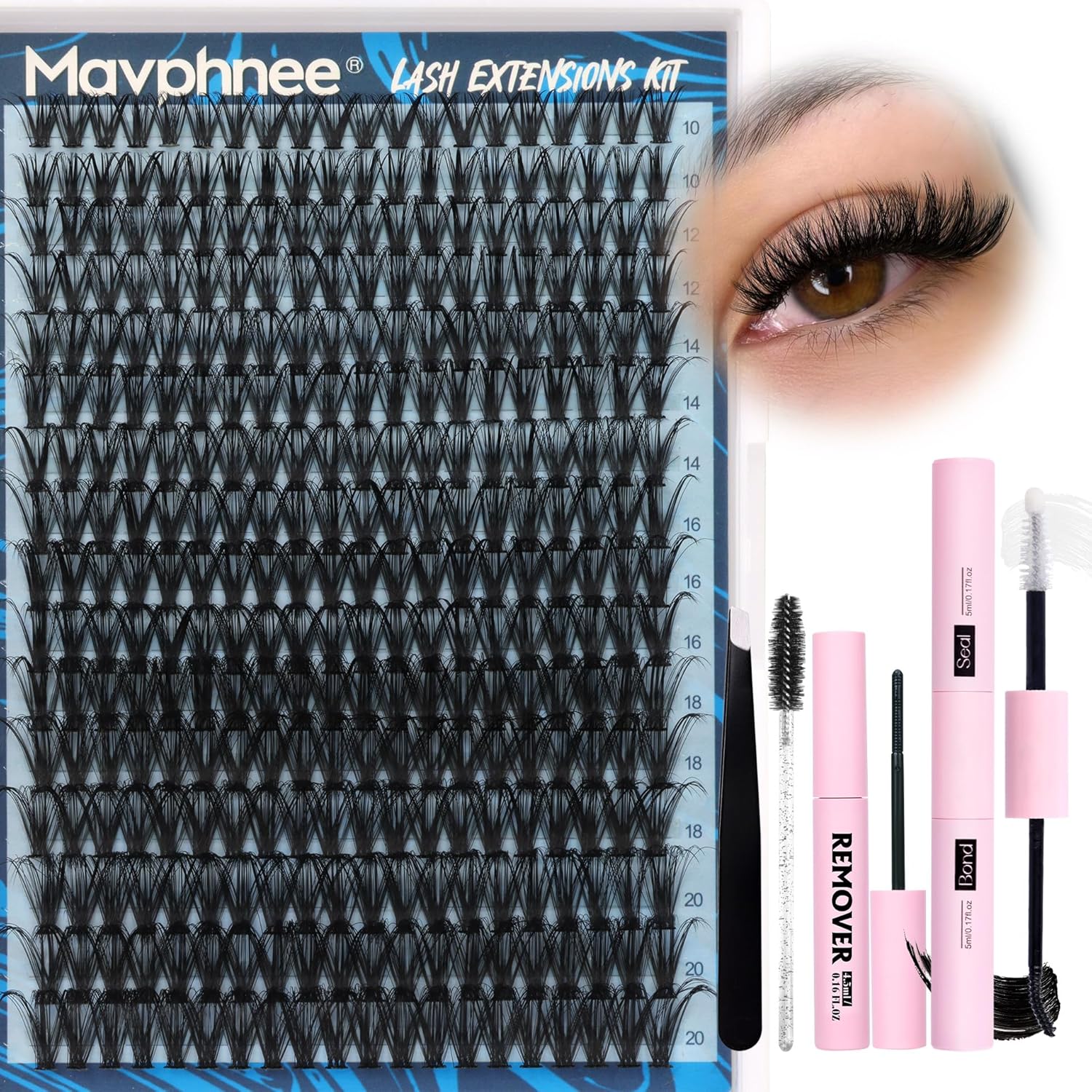 Kit de 320 extensiones de pestañas 40D Wispy D Curl extensiones de pestañas de 0.39 a 0.78 pulgadas, racimos individuales con unión y sello,