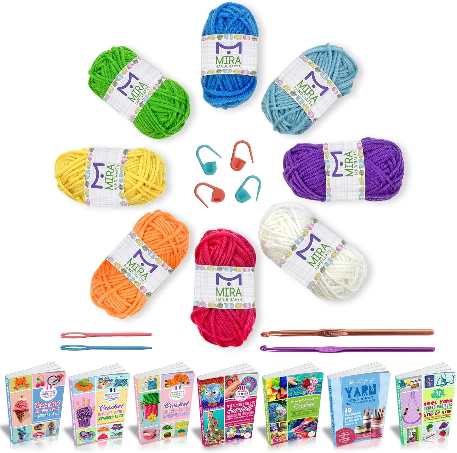 Mira HandCrafts – Hilo acrílico para ganchillo y tejer, 2 ganchillos, 2 agujas de plástico, 4 marcadores de costura, 7 libros electrónicos con