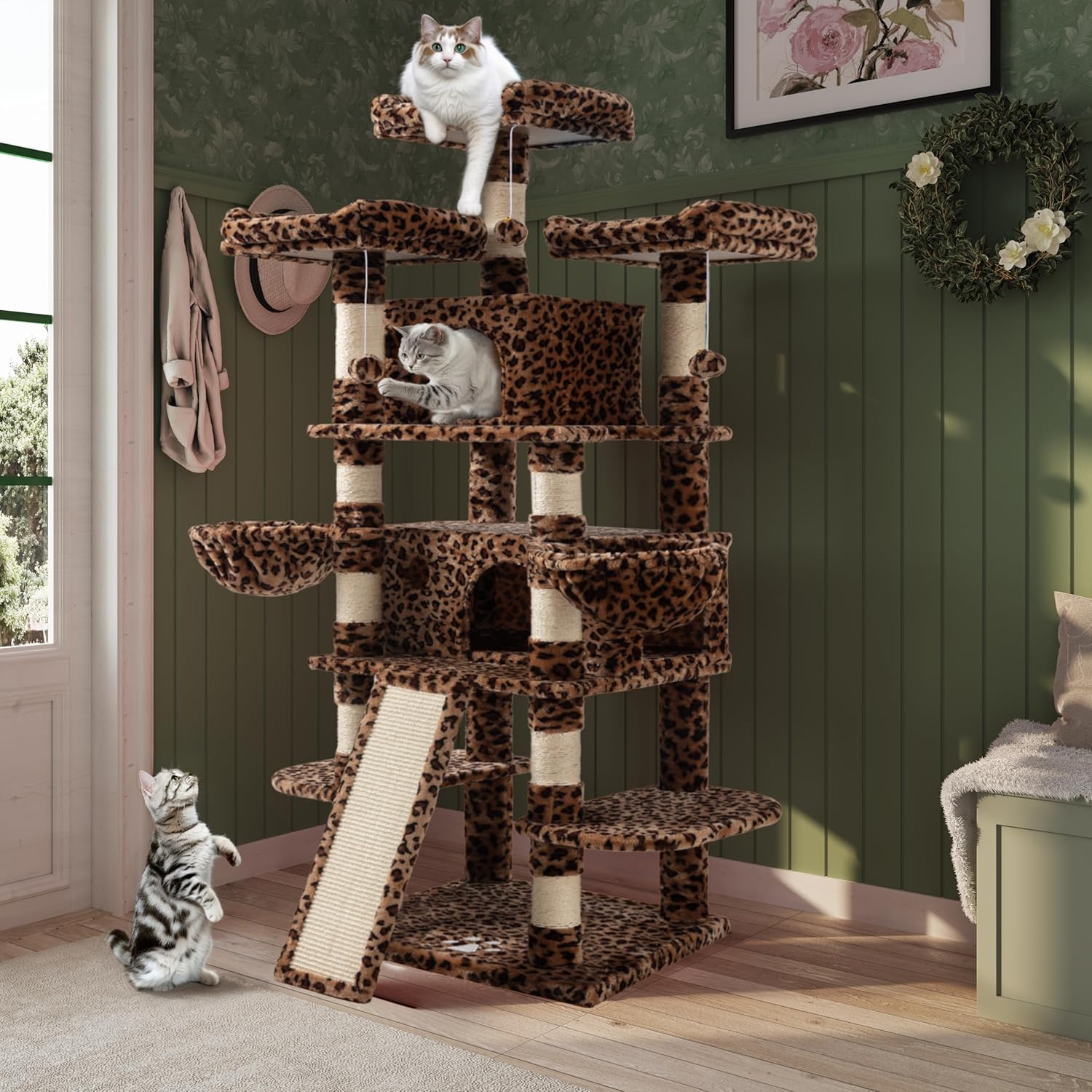 MUTICOR Torre de árbol grande de varios niveles para gatos de 68 pulgadas con condominioacogedoras perchas de felpa para gatos, postes rascadores de