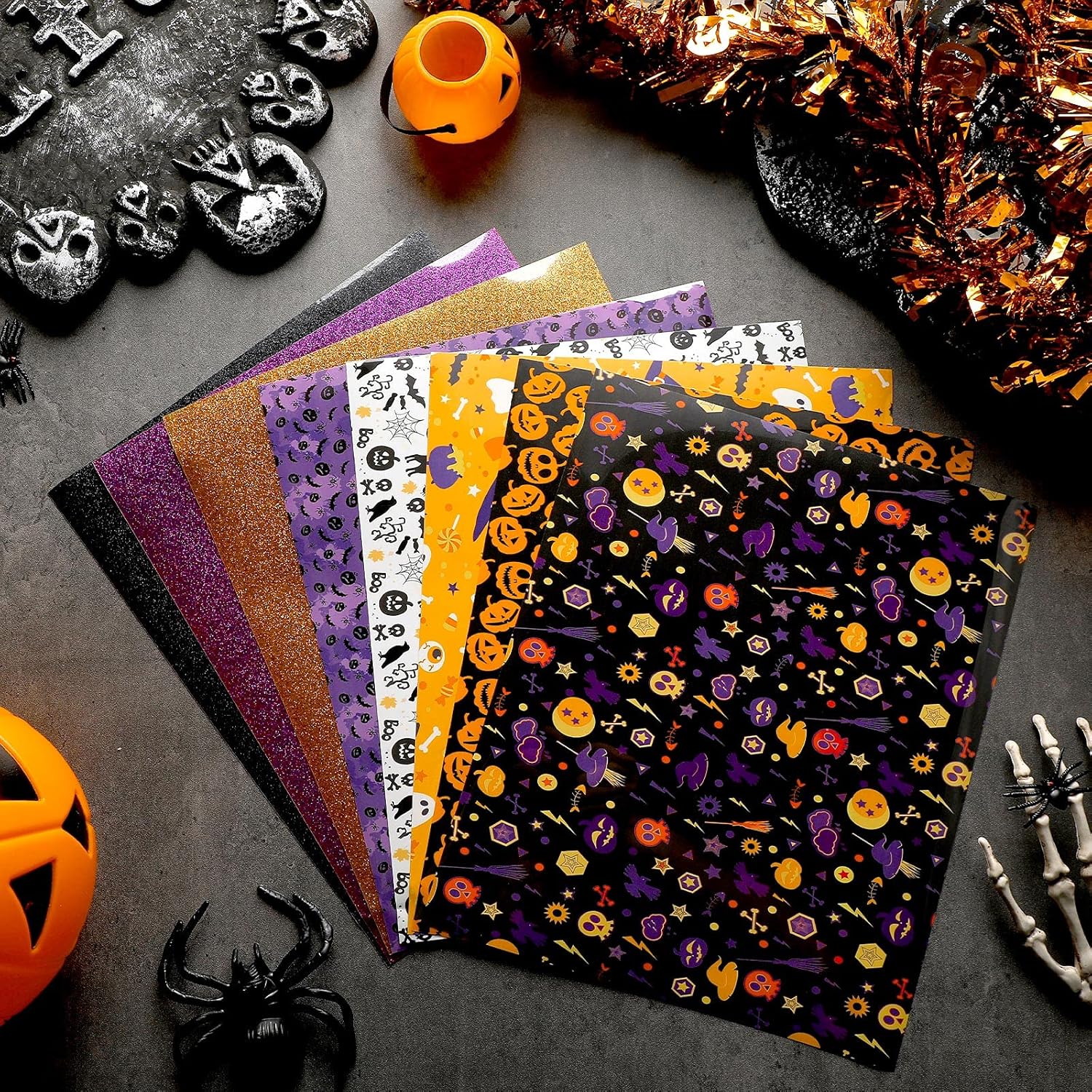 8 hojas de vinilo de transferencia de calor de Halloween con purpurina HTV de 9.8 x 12 pulgadas, vinilo para planchar de otoño naranja, calabaza,