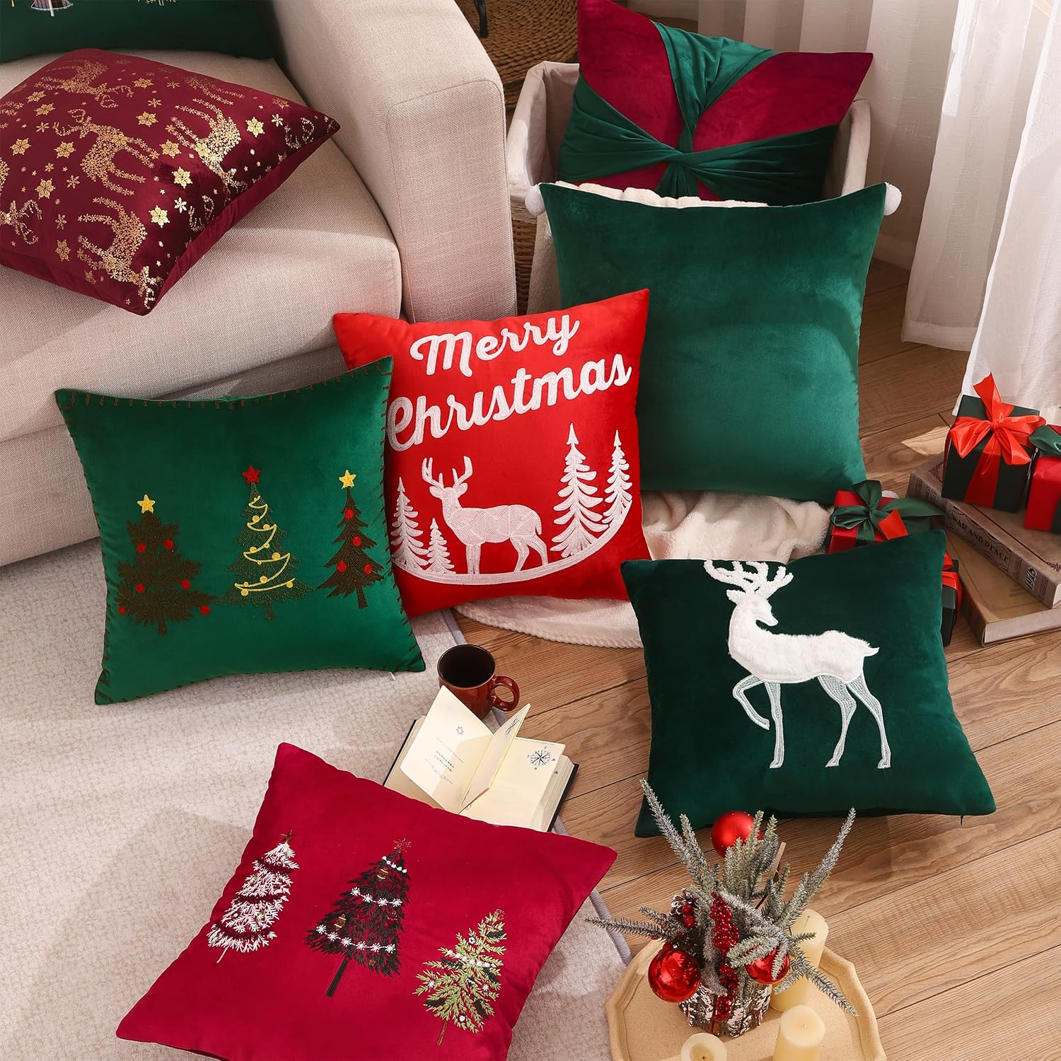 Tosleo Juego de 2 fundas de almohada de Navidad de 18 x 18 pulgadas, diseño de ciervo de Navidad color verde, decoración de Navidad, decoración roja