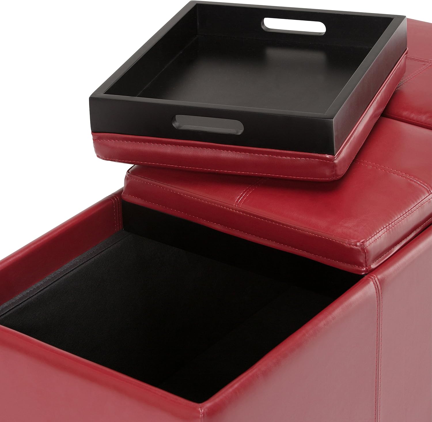 Otomana rectangular de Simpli Home de piel sintética para almacenamiento con 3 bandejas, Avalon, Madera
