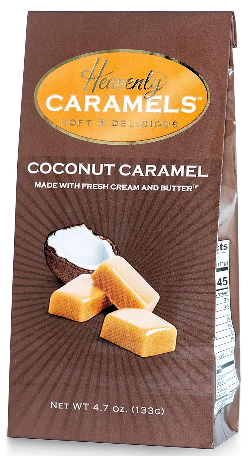 J Morgan Confections Heavenly Caramel  Sabor a coco  Bolsa de 4.7 onzas, paquete de 4  Caramelos de caramelo de mantequilla gourmet suaves y