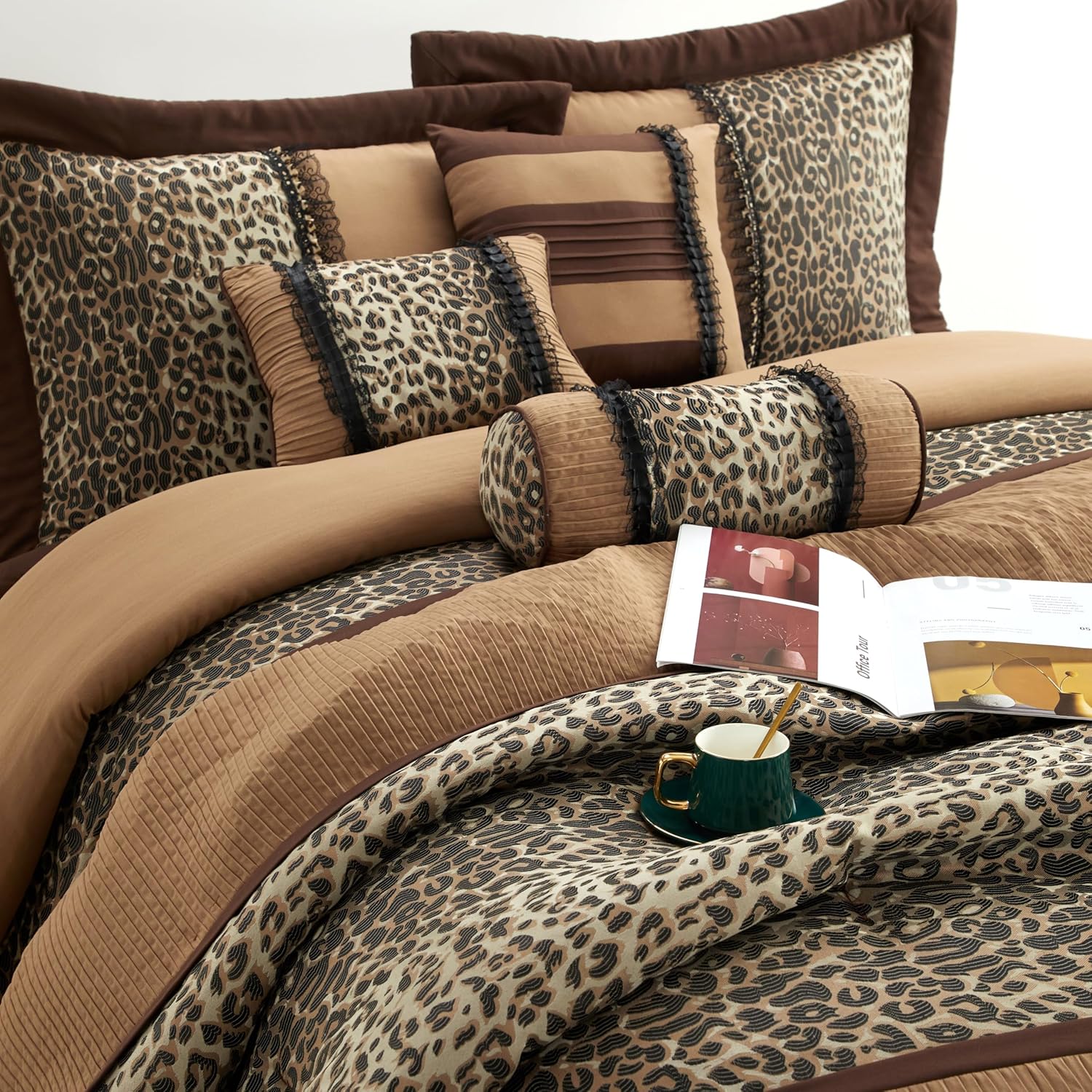 Grand Avenue Juego de edredón California King de leopardo marróngris pardo, 7 piezas, decoración del hogar, microfibra ligera de alta calidad, falda