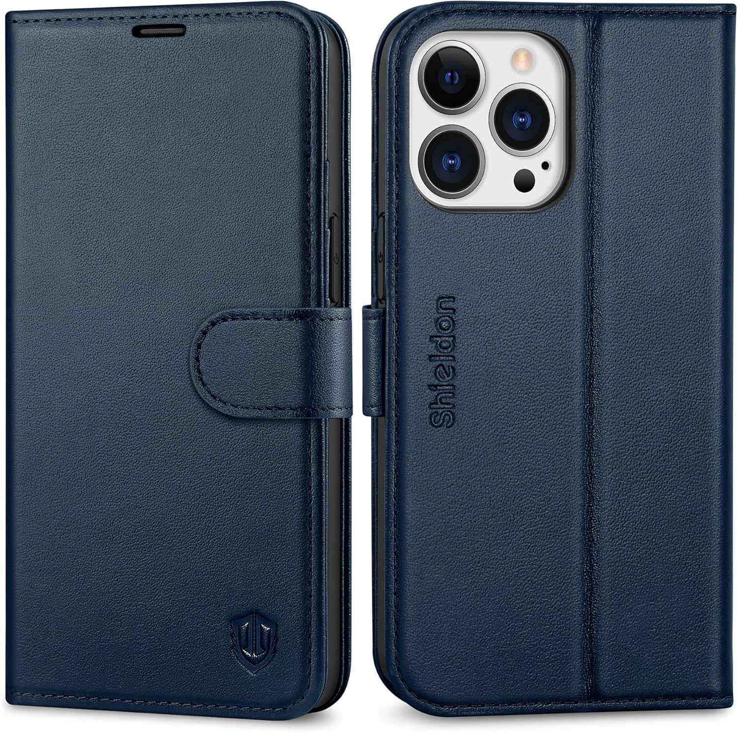 SHIELDON Funda para iPhone 13 Pro 5G, de piel auténtica, con función atril, bloqueo RFID, tarjetero y cierre magnético, funda de protección
