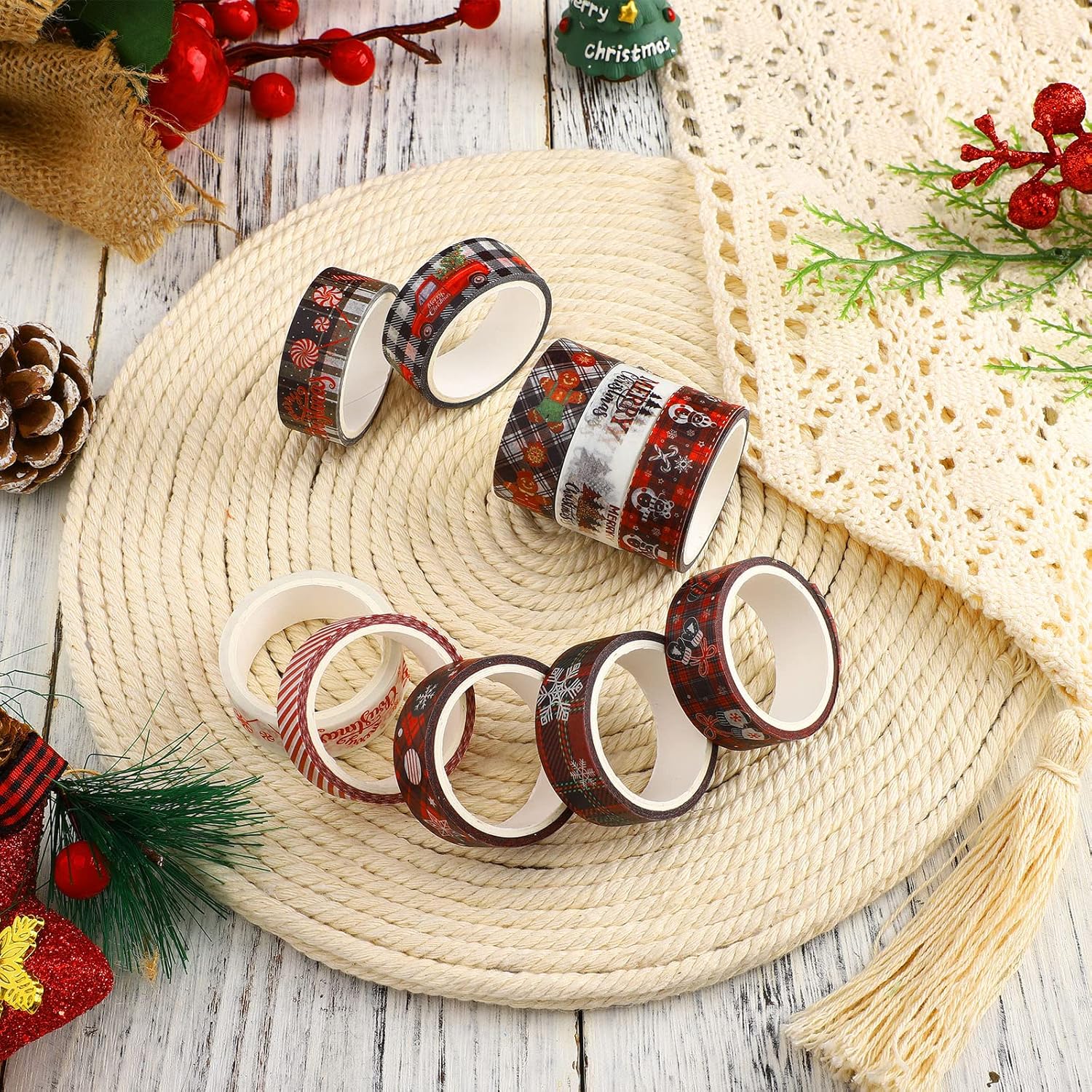 Juego de 12 rollos de cinta Washi a cuadros de Navidad, cinta decorativa de colores, cinta adhesiva de papel de Navidad, cinta adhesiva de papel de