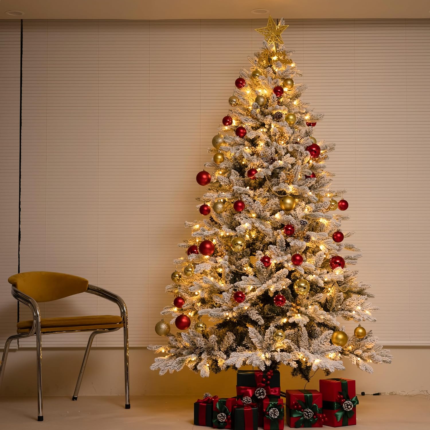 Árbol de Navidad flocado preiluminado de 7 pies con luces blancas cálidas, árbol de Navidad lleno de nieve con 1326 puntas de rama, 400 luces