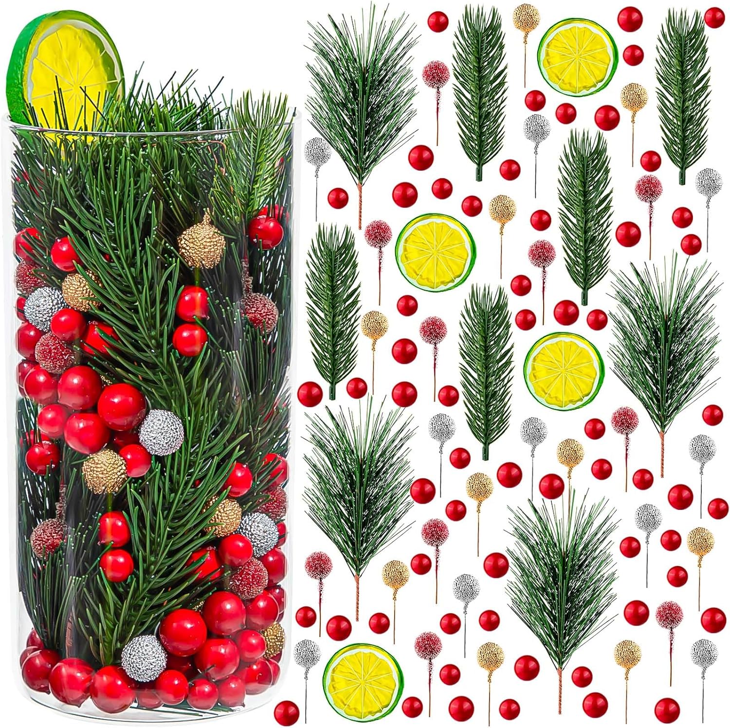 KXCOFTXI Juego de 194 piezas de relleno de jarrón de Navidad, con frutas de ramas de 3 colores, hoja de aguja de pino, rodajas de limón, centro de