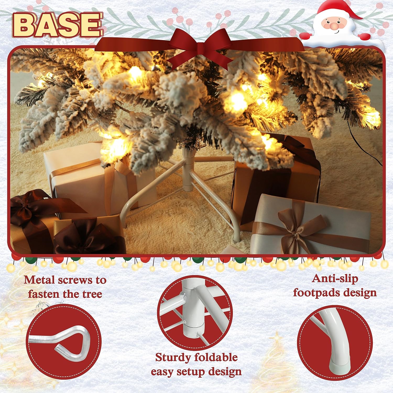 MUPATER Árbol de Navidad artificial de 8 pies, preiluminado con nieve flocada y soporte de metal, luces blancas cálidas, decoración navideña para el