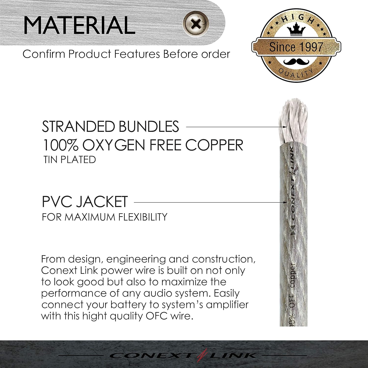 Conext Link Cable de alimentación de batería de calibre completo de 15 pies 10 AWG 0 GA, cable de tierra de cobre OFC plateado transparente (10042)