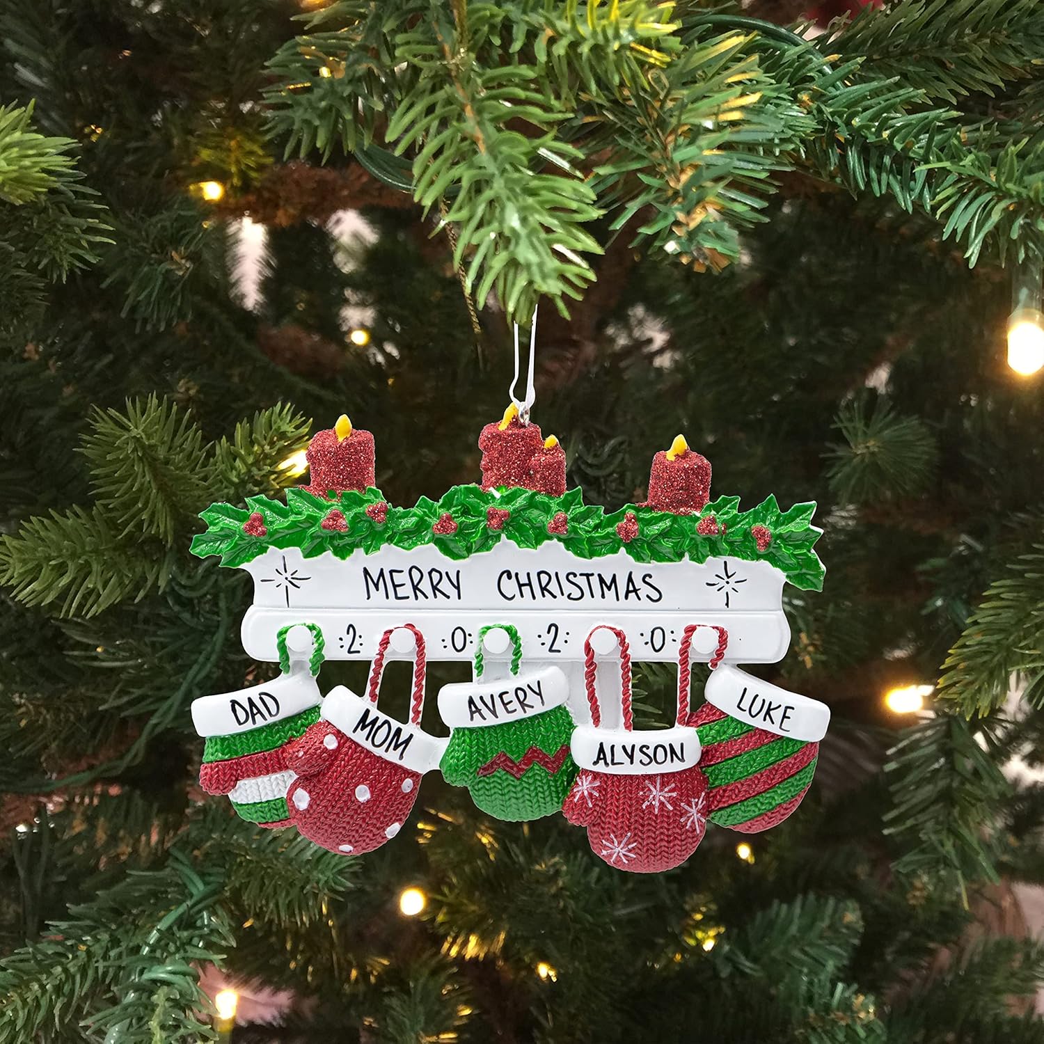 Adorno de Navidad personalizado para familia de 5 miembros 2023  Manoplas con velas con purpurina en la decoración del árbol de Navidad del manto,