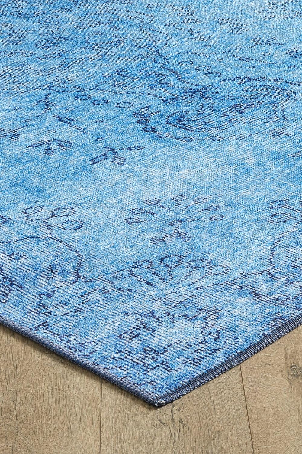 Woolknot ENC1092 – Alfombra vintage azul para sala de estar, alfombra floral, turquesa, pequeña, lavable, bohemio, alfombra estampada envejecida con