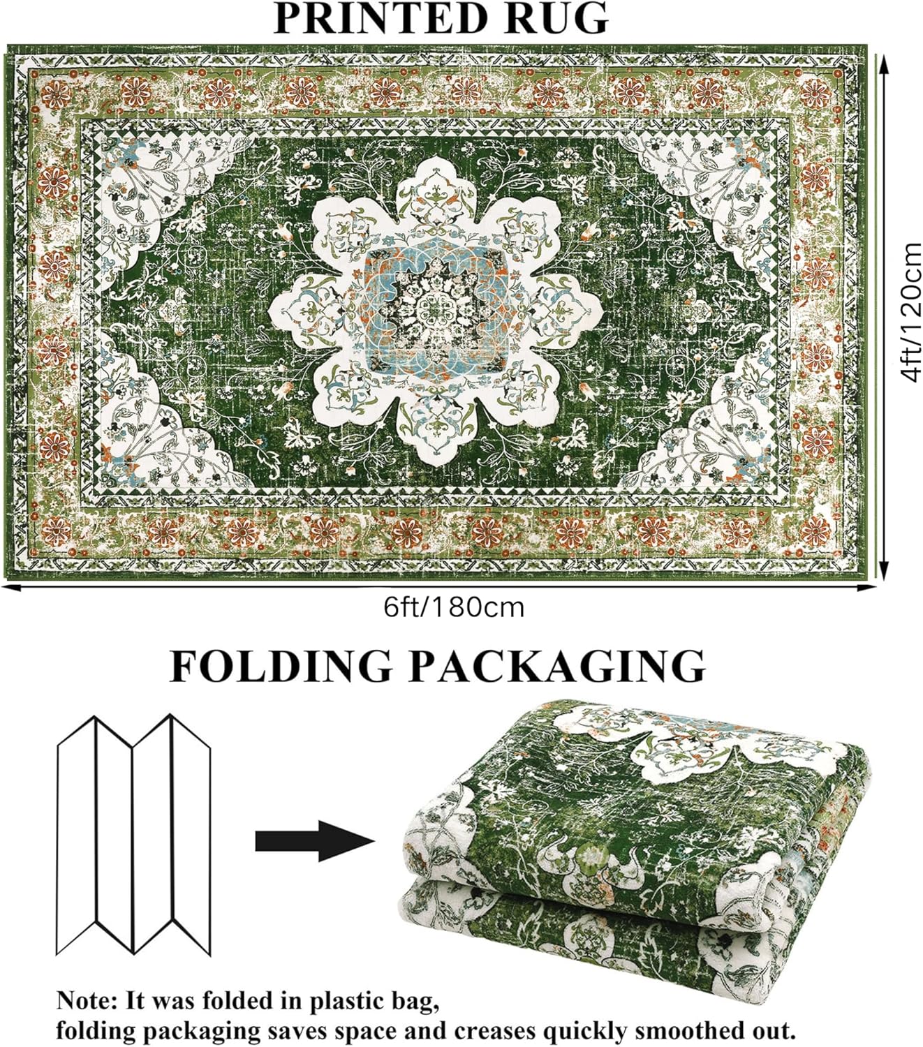 Ileading Alfombra bohemia vintage de 4 x 6 pies, lavable a máquina, de pelo bajo, no desprende pelusa, antideslizante, para dormitorio, comedor,