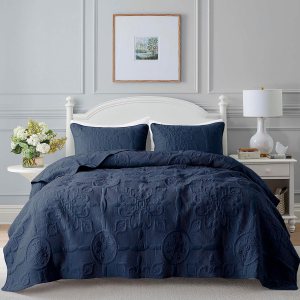 Juego de ropa de cama de damasco tamaño King con fundas de almohada, colcha ligera y suave, manta acolchada azul marino fina para todas las Juego de ropa de cama de damasco tamaño King con fundas de almohada, colcha ligera y suave, manta acolchada azul marino fina para todas las