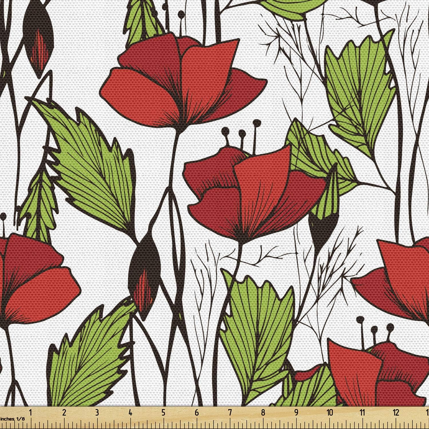 Ambesonne Tela floral de The Yard, vista de cerca de flores y hojas de amapola florecientes, tela decorativa para tapicería y detalles del hogar, 1