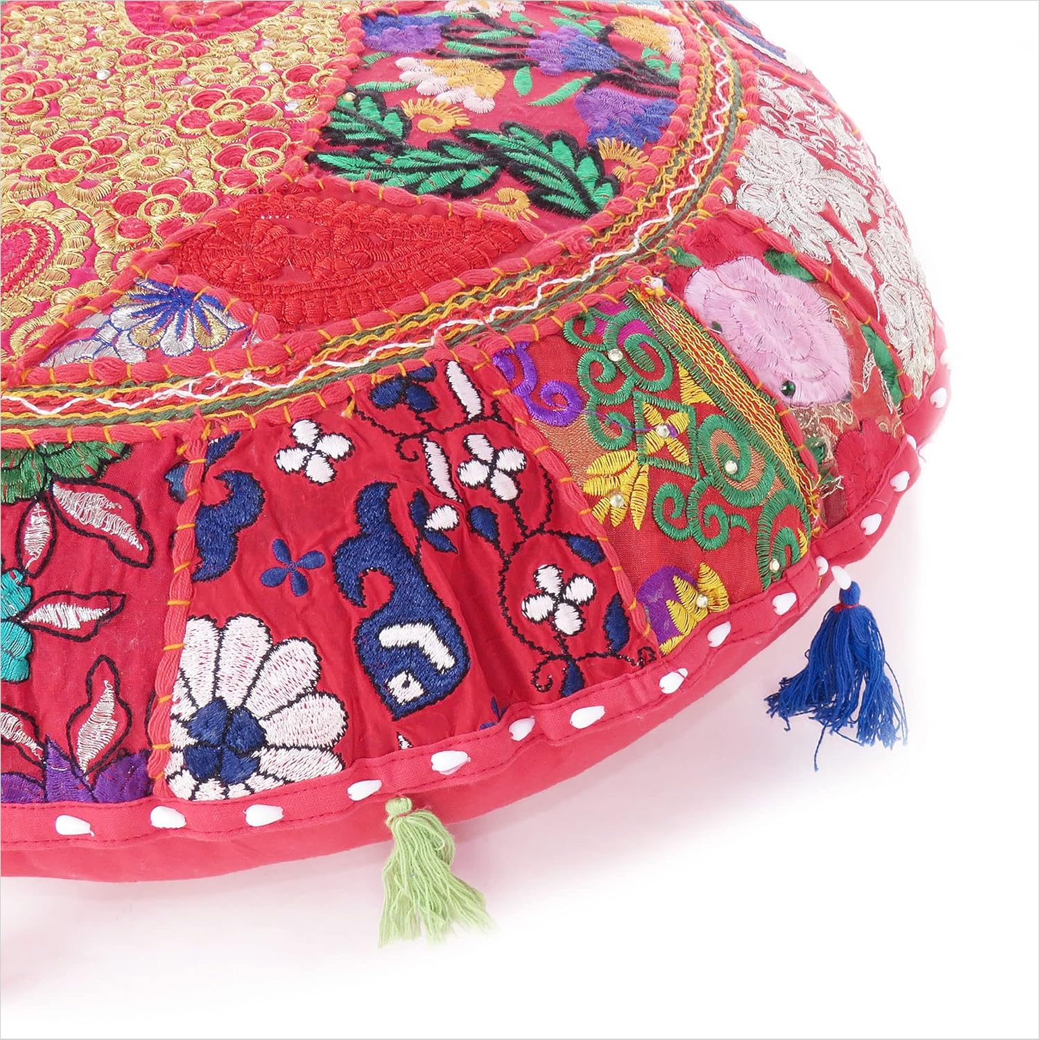 Mam Treasures – Funda de cojín decorativa redonda colorida de retazos para meditación, cojín de meditación, acento bohemio, funda india hecha a mano