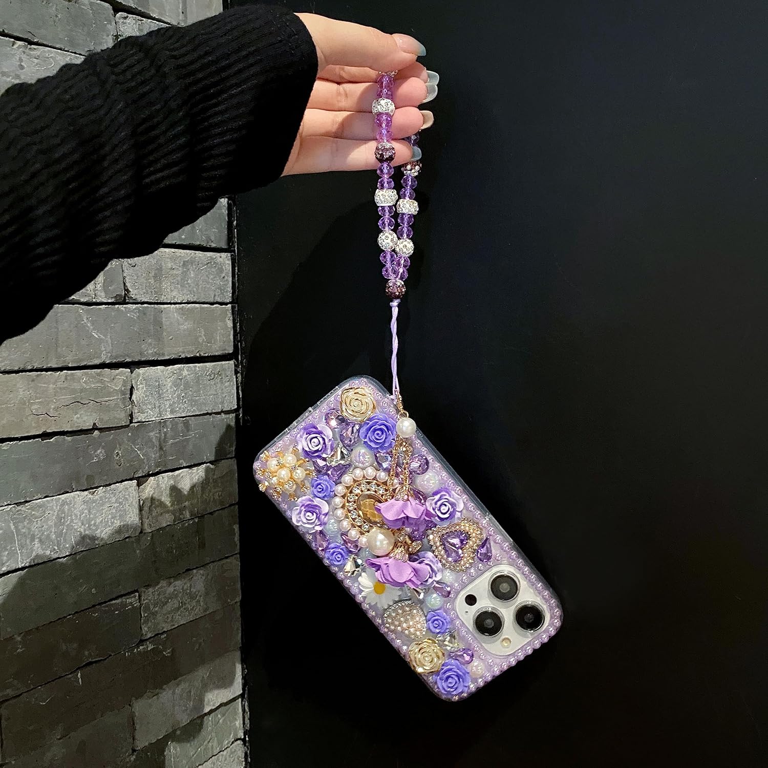 iFiLOVE Funda con diamantes de imitación y correa de flores, 3D de lujo, con diamantes de imitación y diamantes de imitación y rosas de amor, para