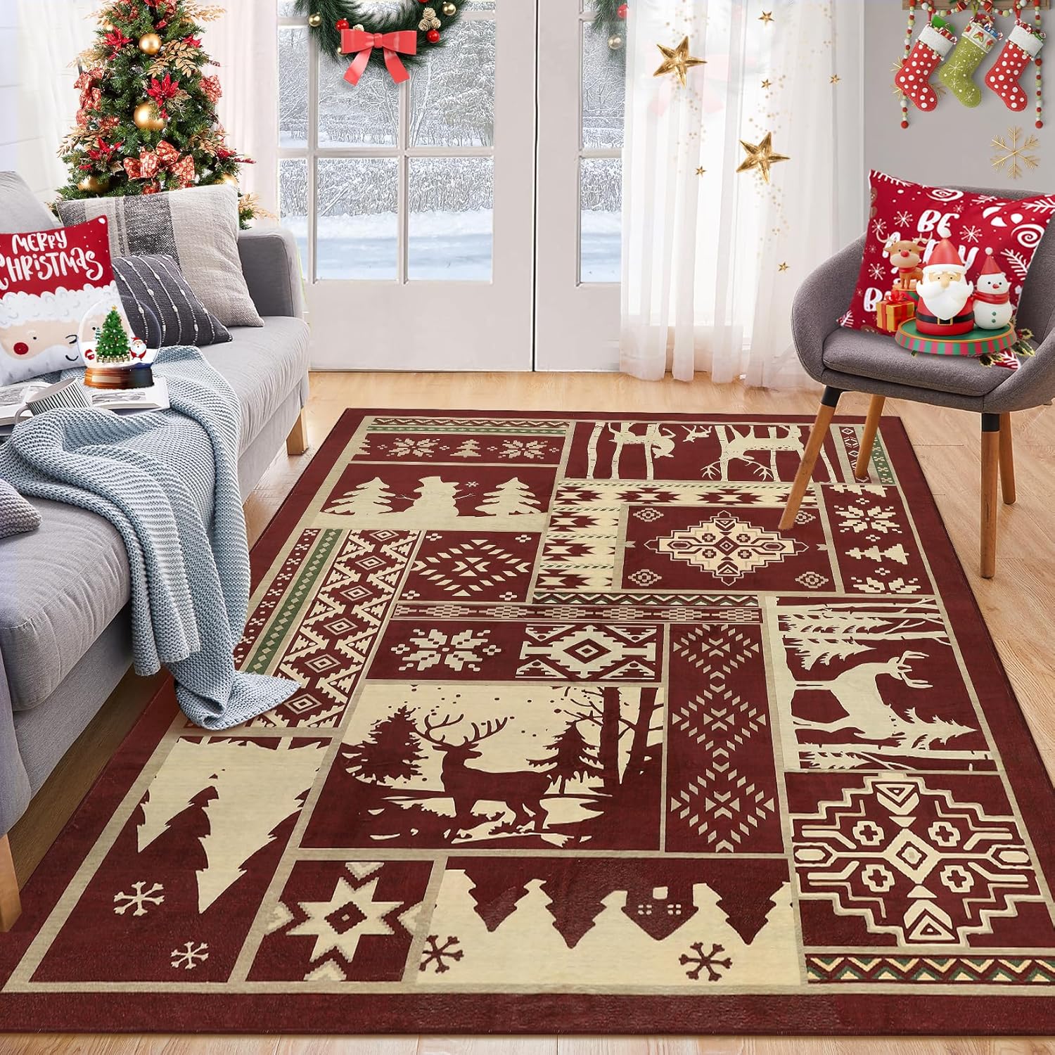 RUGSREAL Alfombra de área de Navidad de granja, alfombra decorativa rústica de búfalo con alce para interiores, alfombra de área de Navidad,