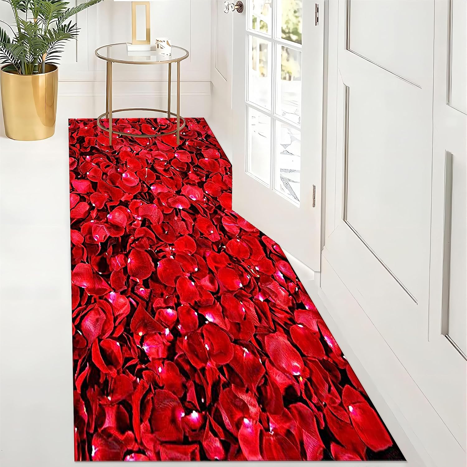 Alfombra de pasillo con diseño floral de rosas, de 1.3 x 7 pies, romántica con estampado de rosas rojas, alfombras de pasillo de gran área con