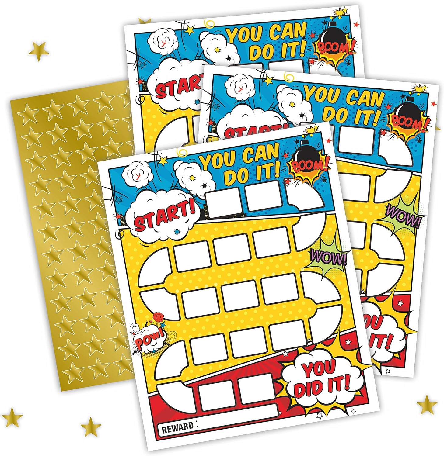 20 tablas de recompensas con 424 calcomanías de estrella dorada, tema de cómic retro, tabla de tareas, tabla de incentivos, tabla de rutina de