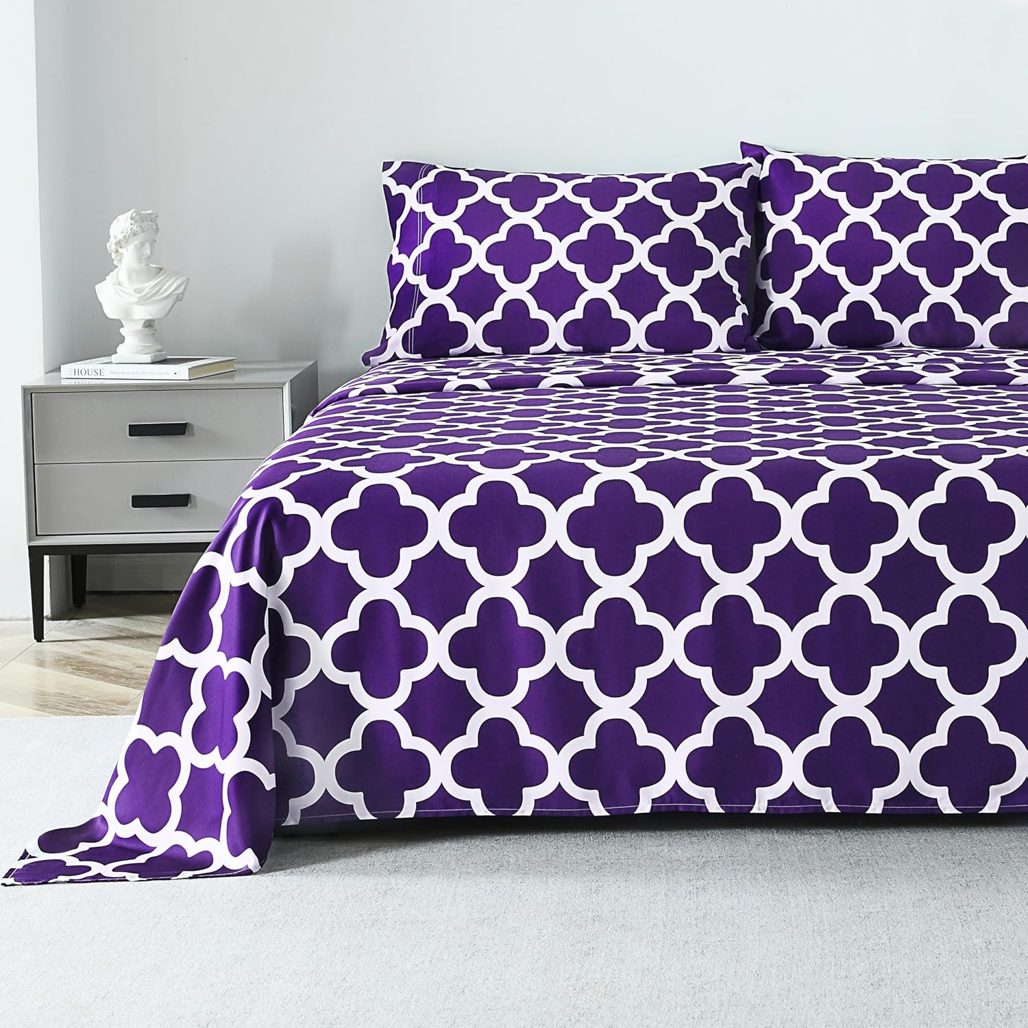 Cooling Sheets Queen Size, 100% Viscose Derived from Bamboo, 16″ Deep Pocket Queen Sheets, Silky Soft Breathable and Durable Purple Printed Sheets,