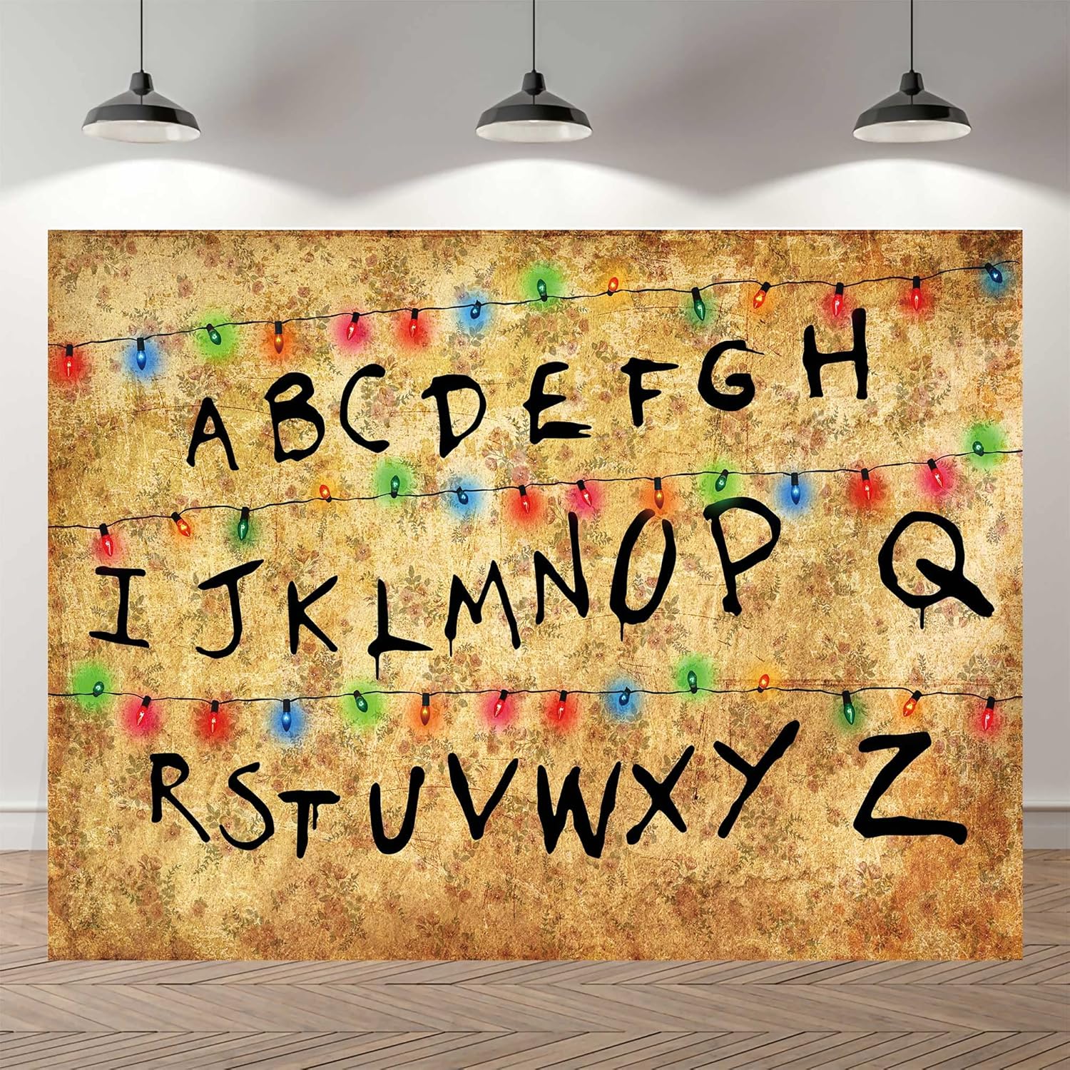 Telón de fondo de fotografía de extraño de 8 x 6 pies con letras rústicas del alfabeto colorido con luces coloridas, suministros para decoración de