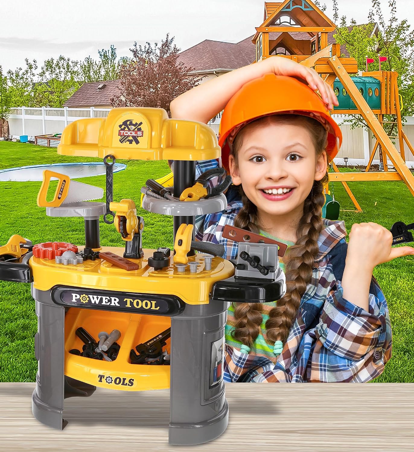 Mozlly Banco de herramientas eléctricas para niños, caja de banco de trabajo para niños con cinturón, juguete de motosierra y más juguetes de