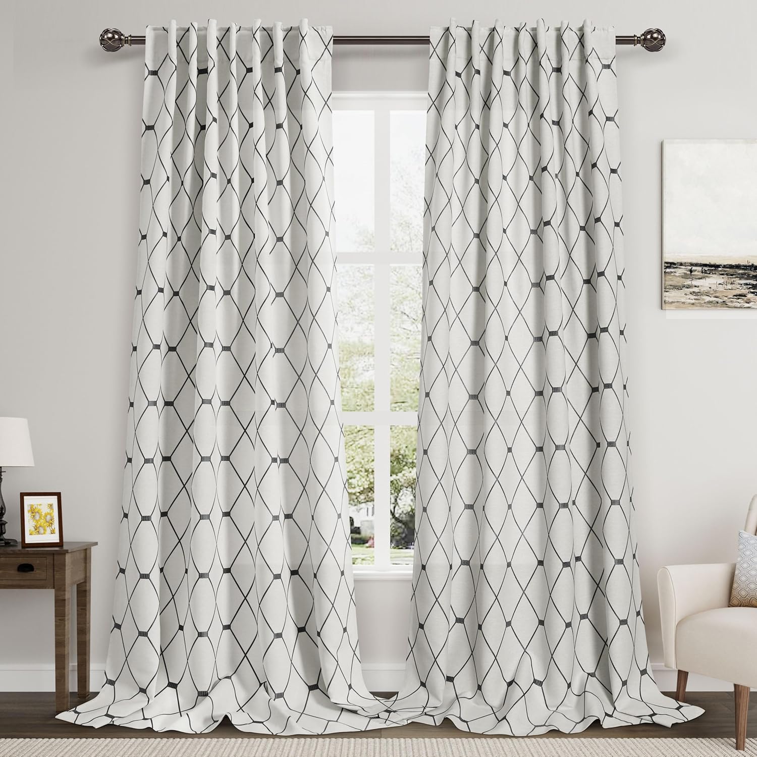 Cortinas de oscurecimiento de habitación con patrón gómetrico negro de 96 pulgadas de largo para sala de estar, juego de 2 paneles, decoración
