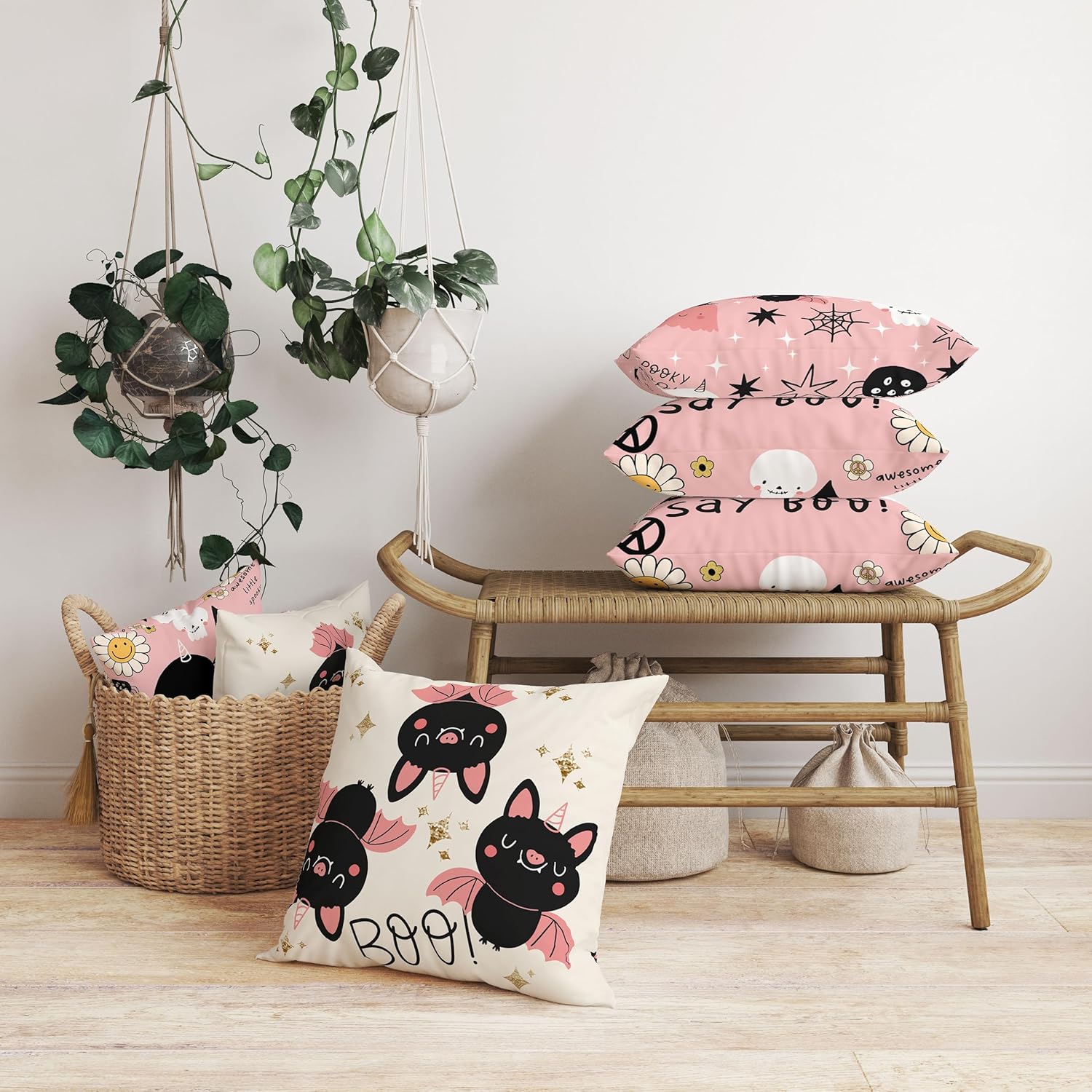 Juego de 4 fundas de almohada de Halloween, diseño de calavera con diseño de calabaza, fantasma, groovy, rosa, diseño de estrellas, flores,