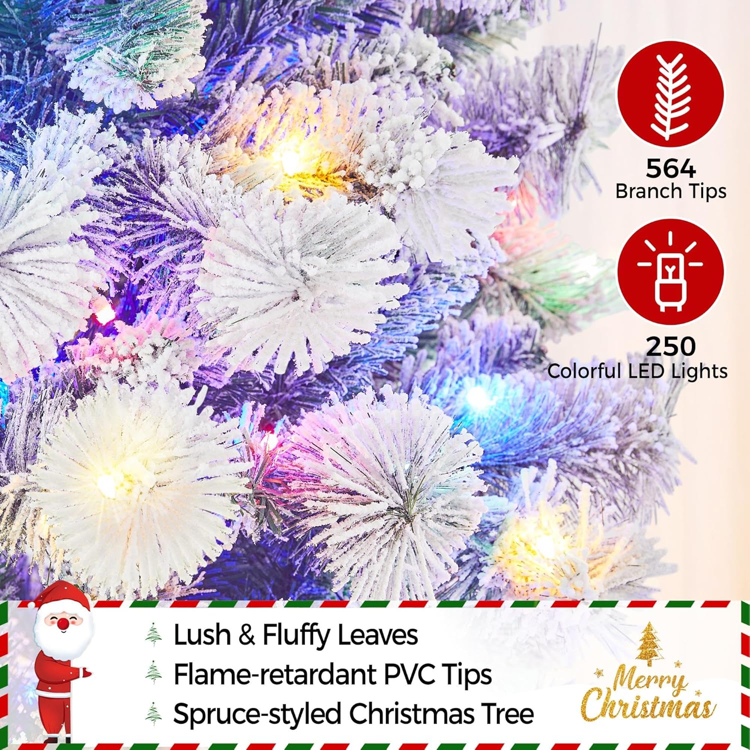 Yaheetech Árbol de Navidad flocado de nieve preiluminado de 6 pies, pino artificial con bisagras de alta calidad con 250 luces LED coloridas y 564