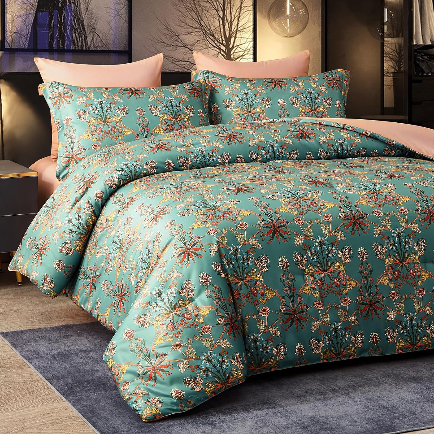 Cupocupa Juego de edredón queen edredón de 7 piezas para cama tamaño queen edredón ultrasuave y ligero queen juego de cama floral para todas las