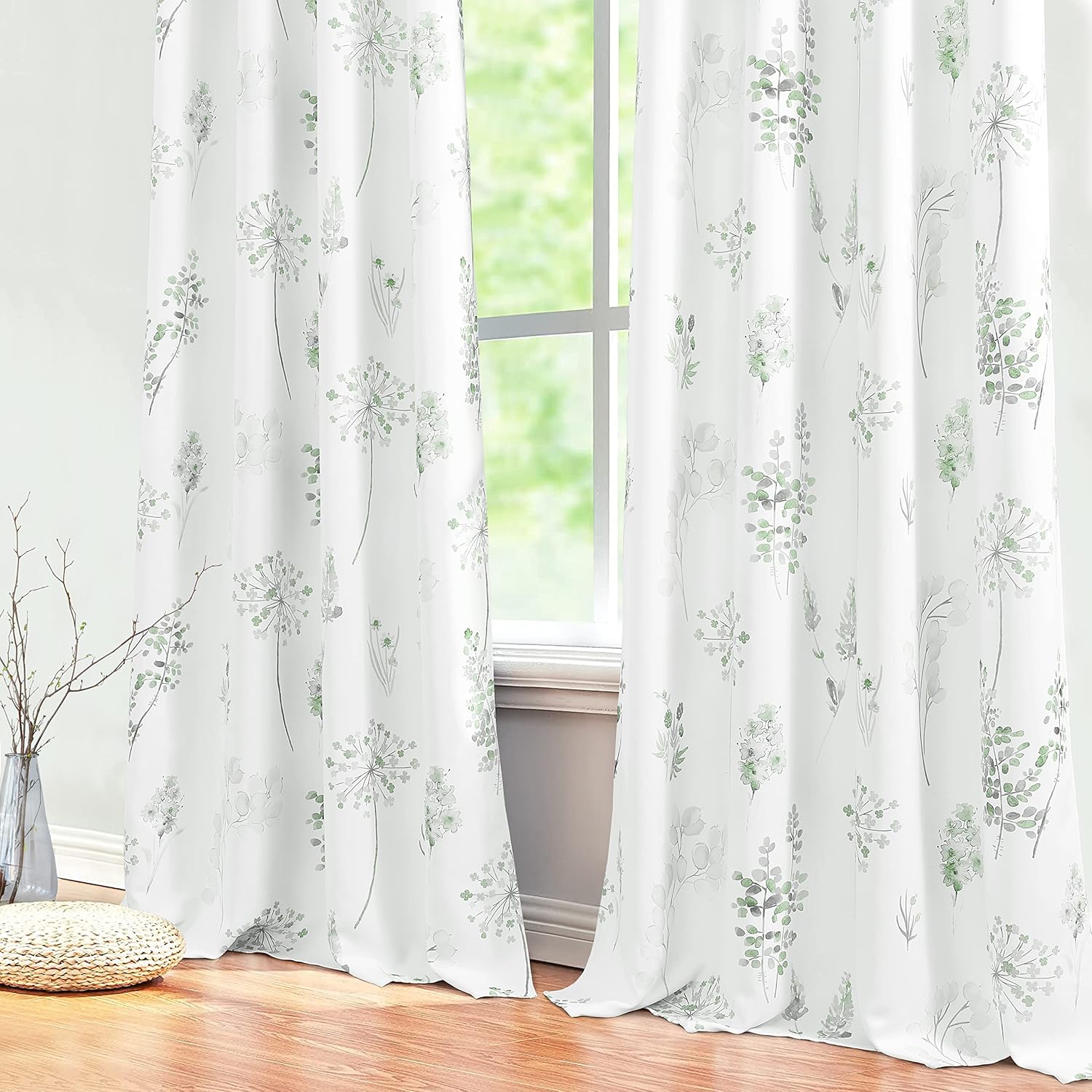 XTMYI Cortinas de lino verde salvia de 84 pulgadas de largo con cortinas opacas de flores silvestres de acuarela verde salvia y gris de 84 pulgadas