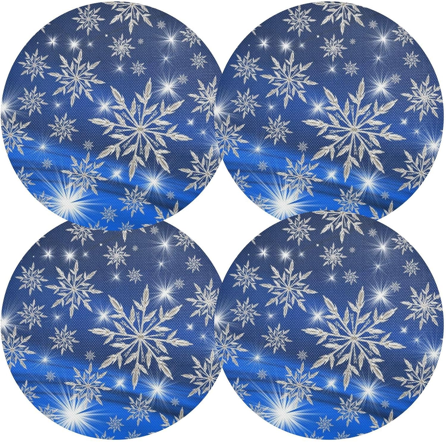 Kcldeci Juego de 4 manteles individuales de Navidad para mesa de comedor, diseño de copos de nieve de Navidad, color azul, manteles individuales