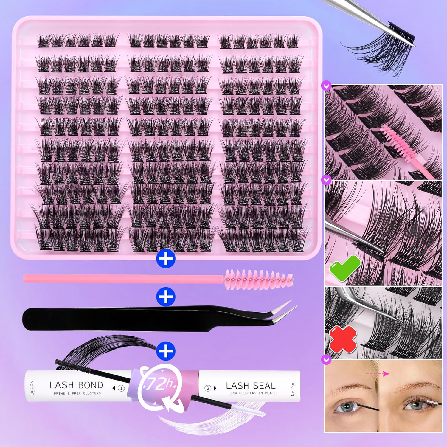 Kit de extensión de pestañas para bricolaje, 180 unidades, racimos de pestañas con unión de pestañas y sello y aplicador de pestañas, pinzas de
