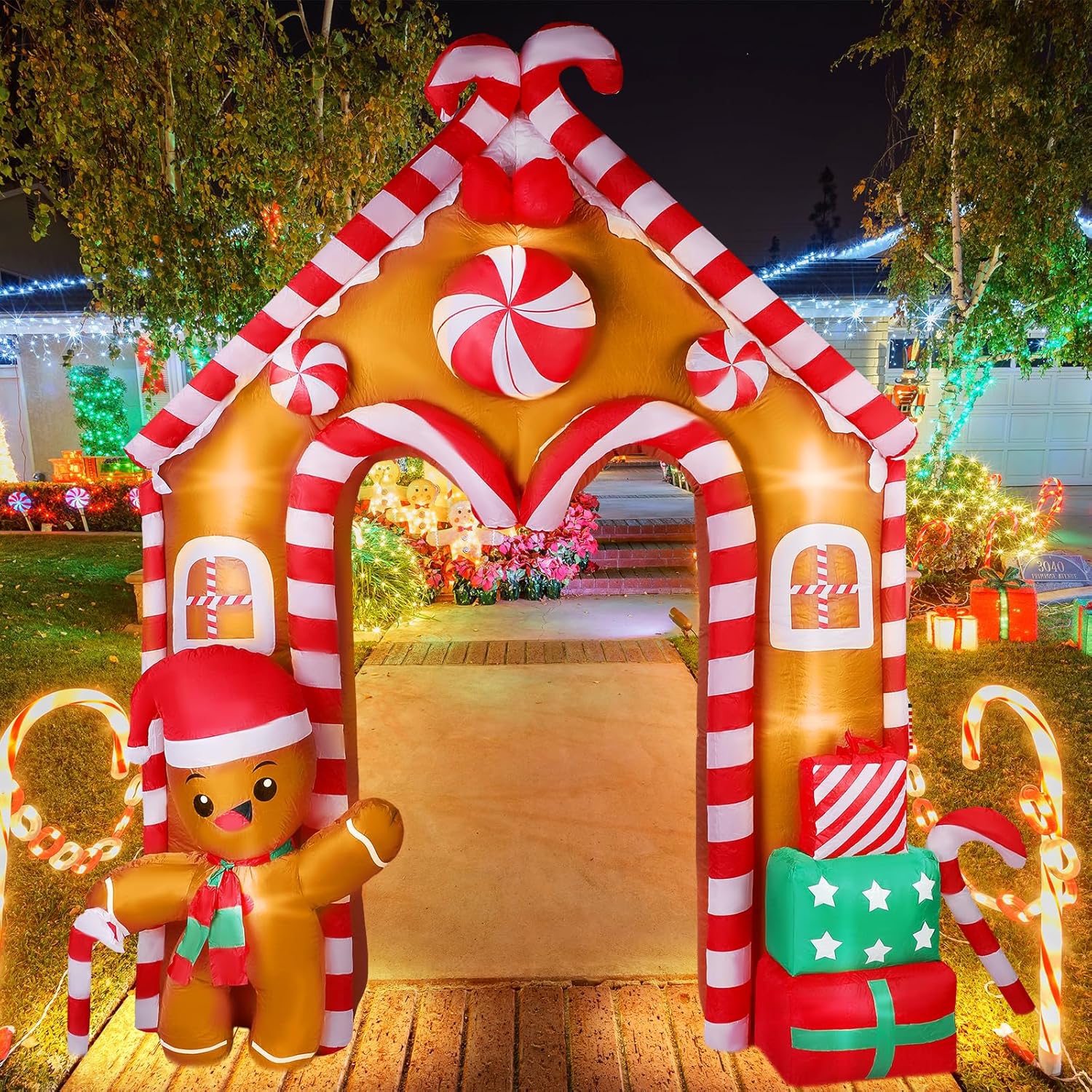 Casa de jengibre inflable de Navidad de 10 pies, arco, hombre de jengibre, decoración de galleta y bastón de caramelo con luces LED, juego para