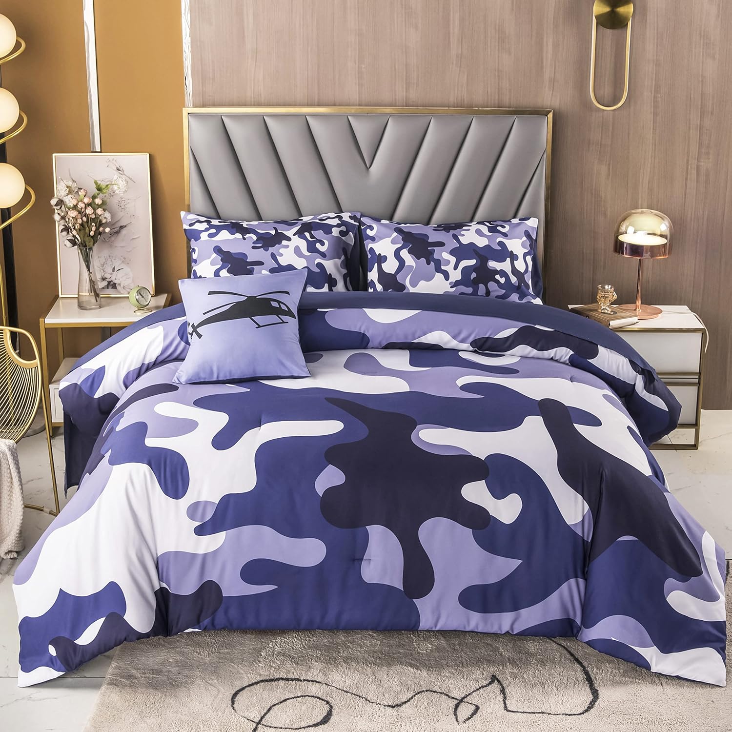 PERFEMET Juego de edredón de 6 piezas de camuflaje azul, cama individual en una bolsa, juegos de ropa de cama de camuflaje militar de granja con