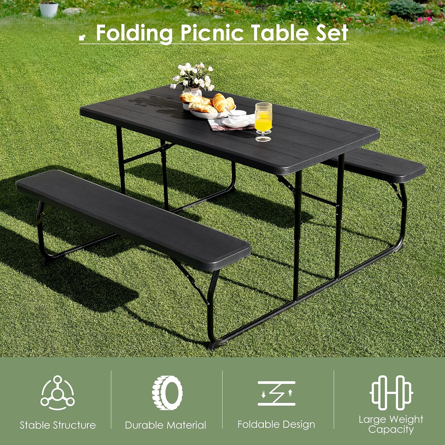Safstar – Juego de banco de mesa de picnic plegable, mesa de picnic plegable con 2 bancos, mesa y banco para exteriores con marco de acero y mesa de