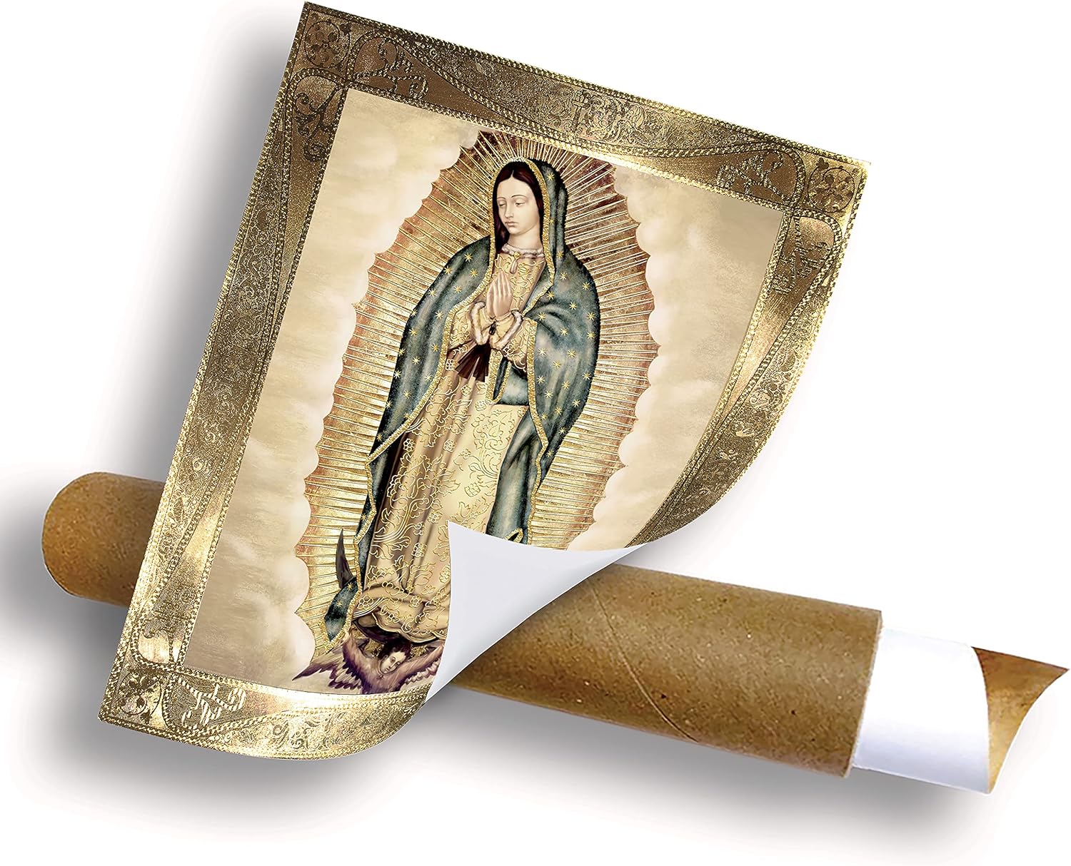 Retrato corporal de Nuestra Señora de Guadalupe con borde dorado clásico (10 x 12 pulgadas), arte religioso de pared, impresión laminada, sin marco,
