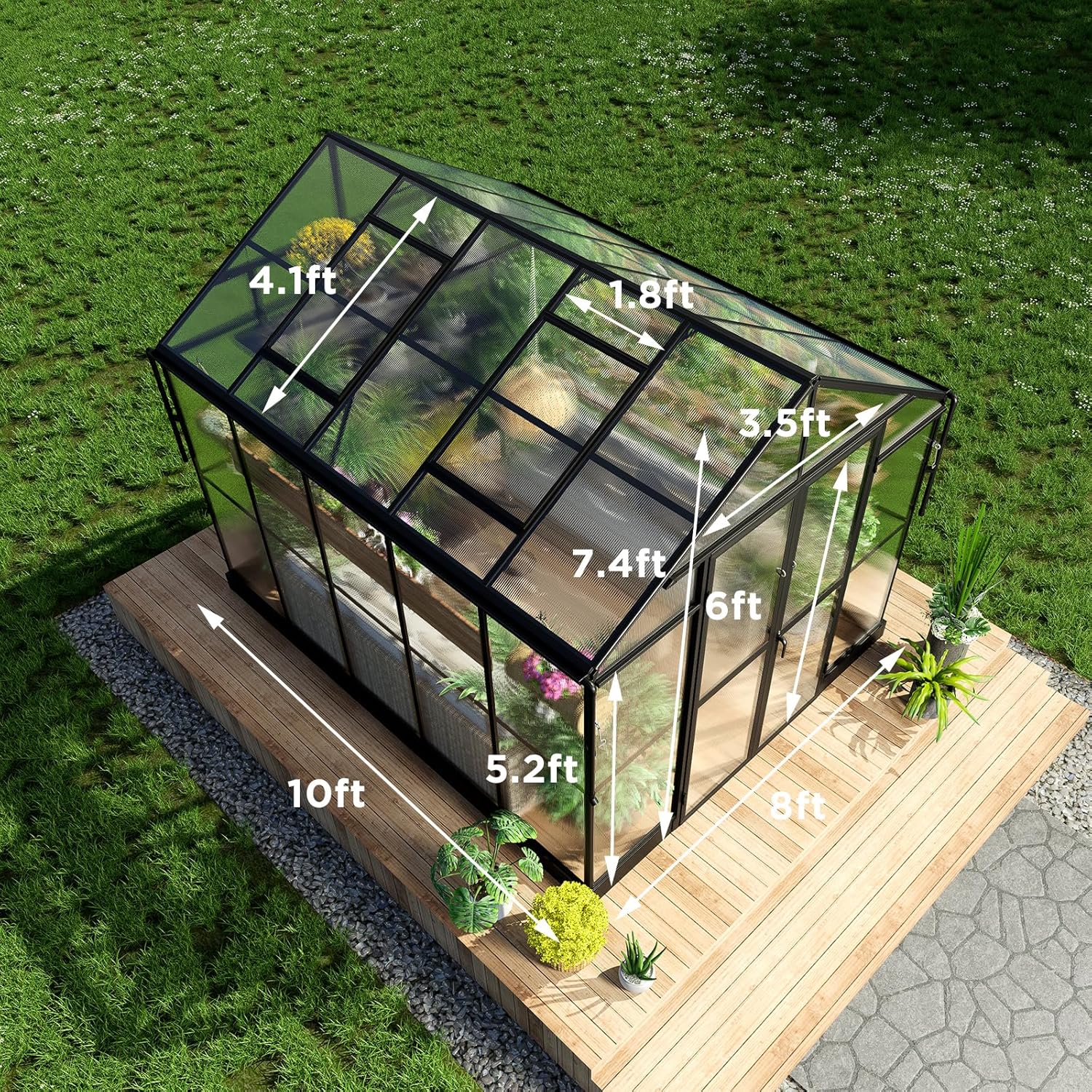 HOWE Invernadero de policarbonato de 8 x 10 x 7.5 pies, 2 rejillas de ventilación de 5.2 pies de altura añadida, gran invernadero de aluminio para