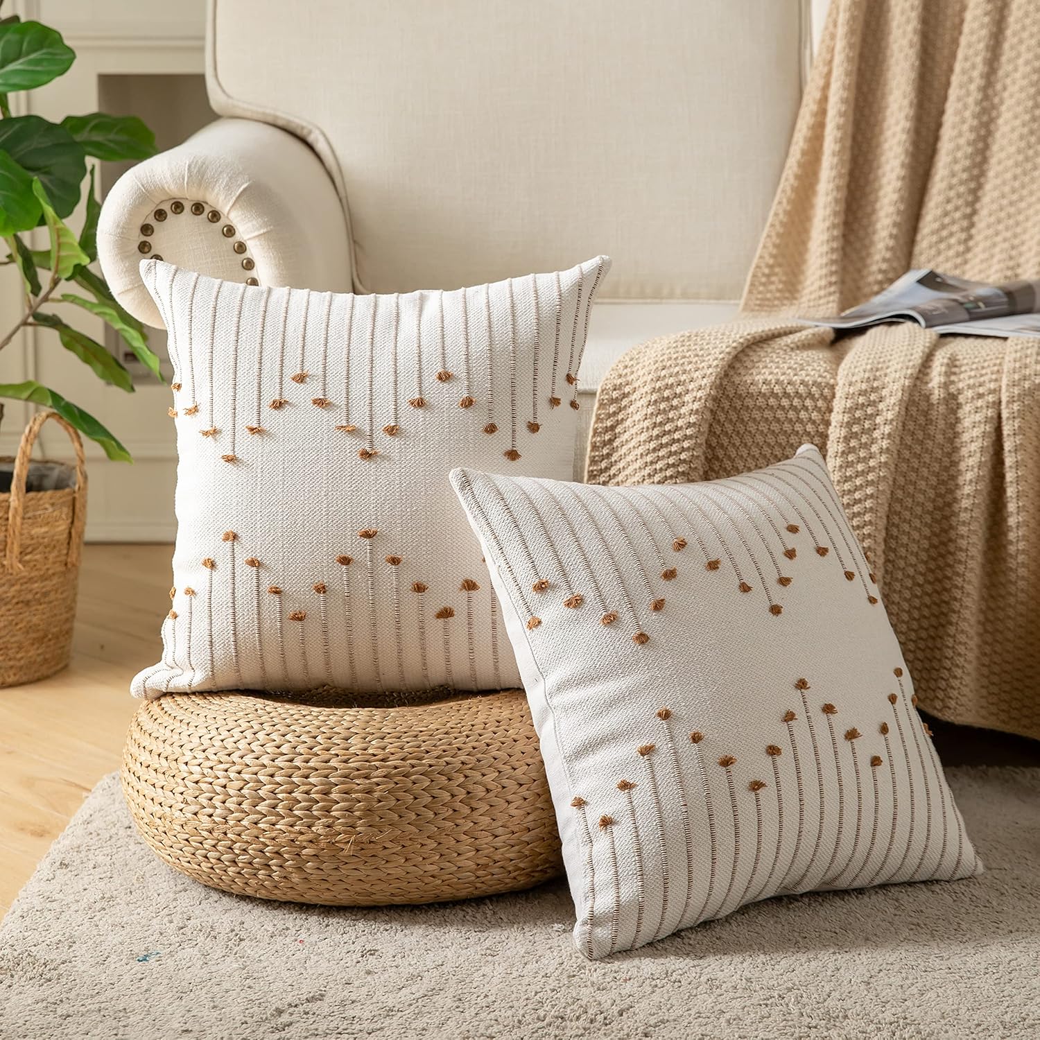 Caflife Juego de 2 fundas de almohada bohemias de 18 x 18 pulgadas, fundas decorativas para cama, fundas de almohada neutras beige con líneas