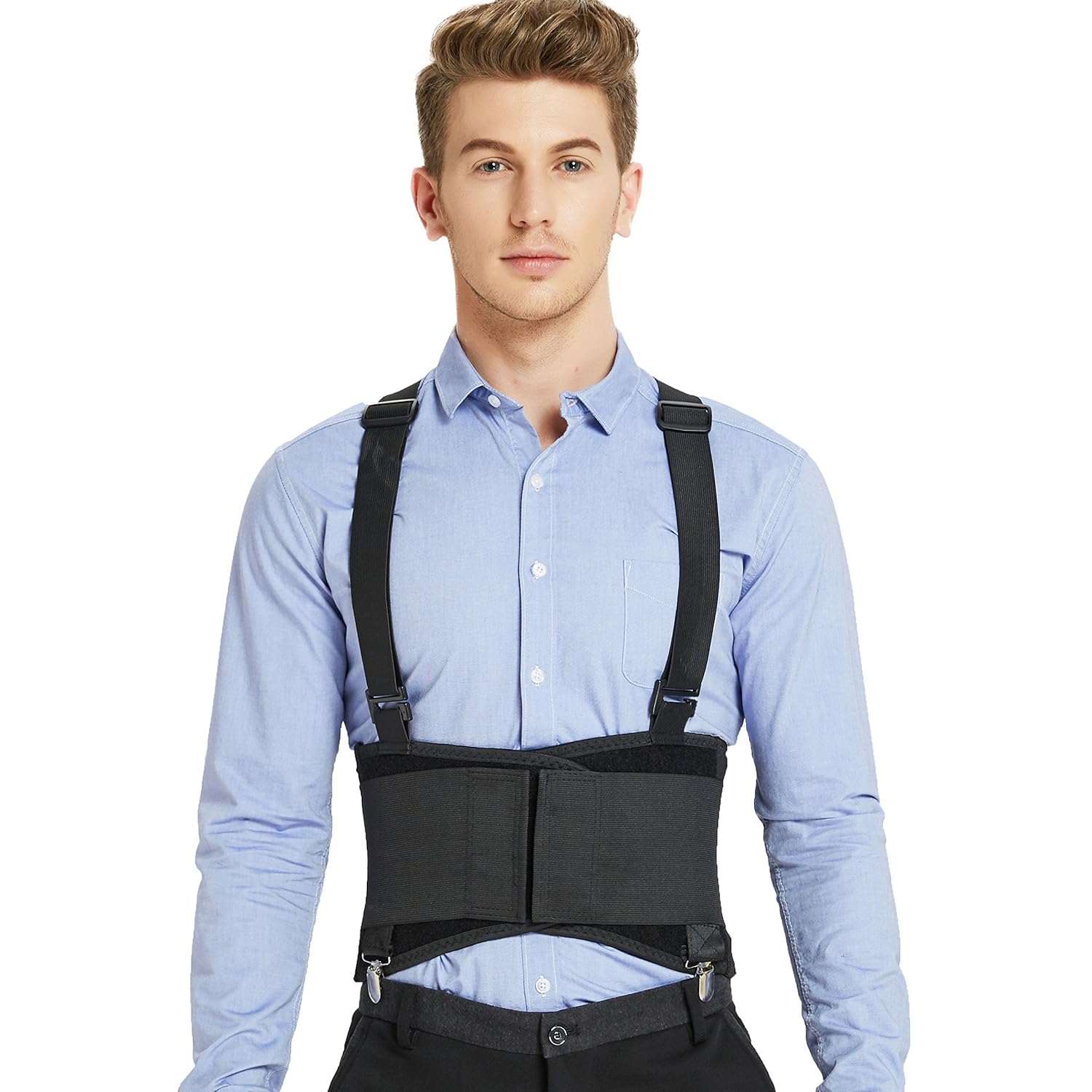 NeoTech Care Soporte lumbar con clips extraíbles para pantalones y tirantes desmontables, cinturón de apoyo para la espalda, ajustable, ligero,
